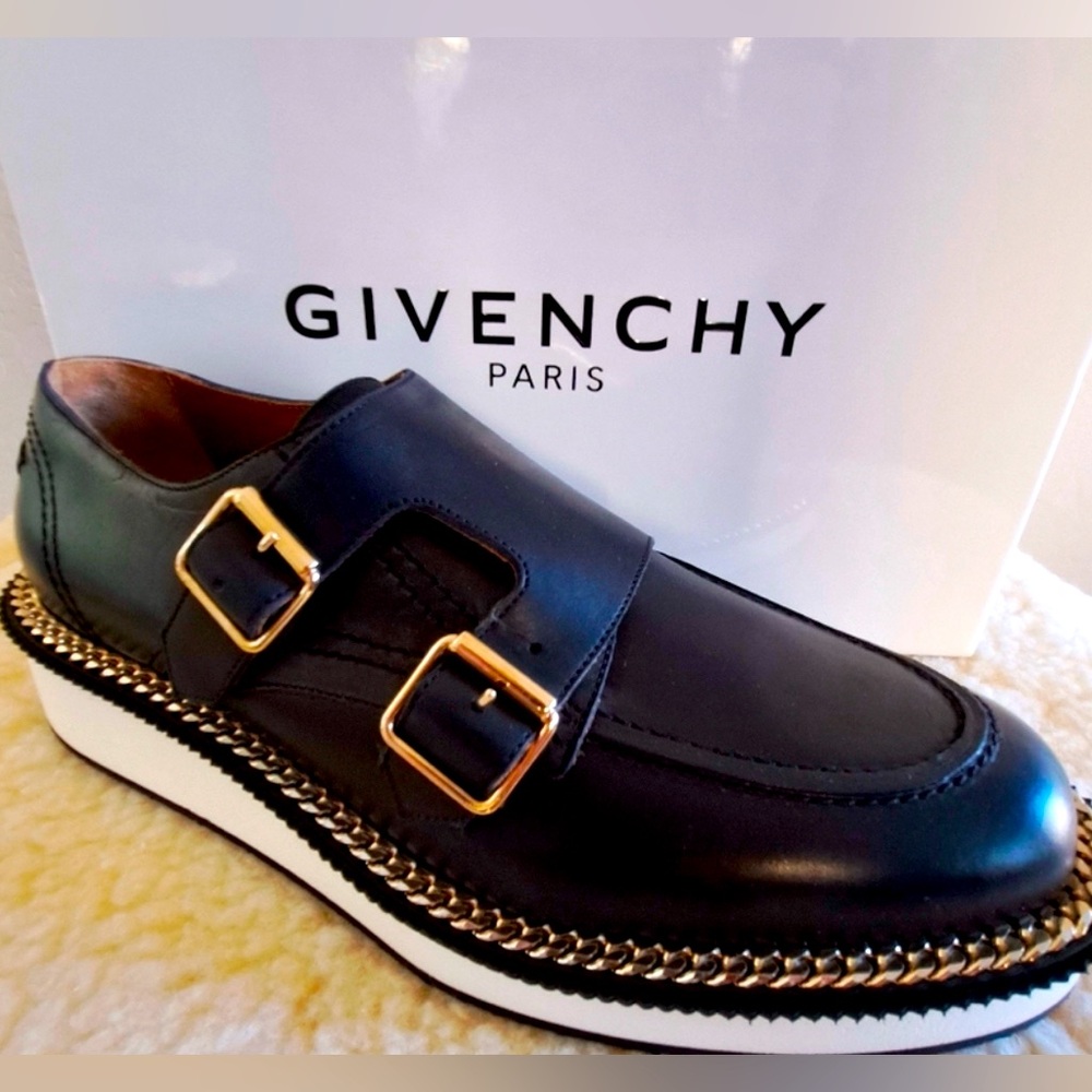 Givenchy Black Double Monk Strap Derby Shoes with Chain Embellishments